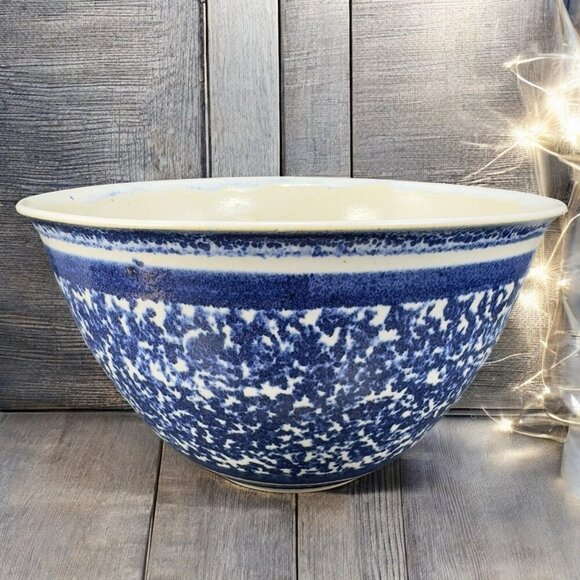 Vintage Hand Made Stoneware Pottery Dish Bowl Hand Glazed Blue Sponge ware Bowl - Picture 1 of 15